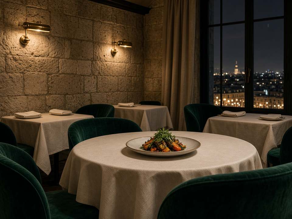Salle du restaurant GribicMacha, tables nappées et assiette de légumes rôtis.