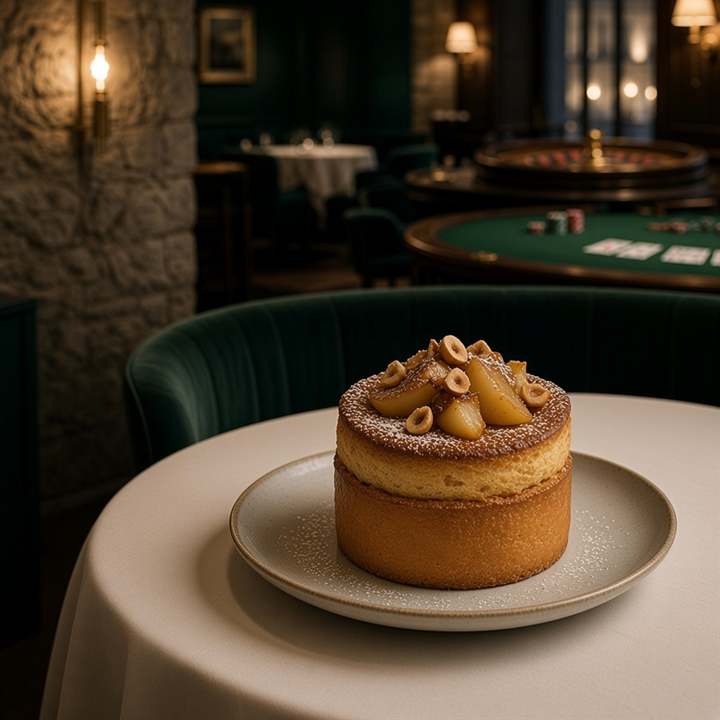 Soufflé noisette et poire, dressé sur assiette claire.