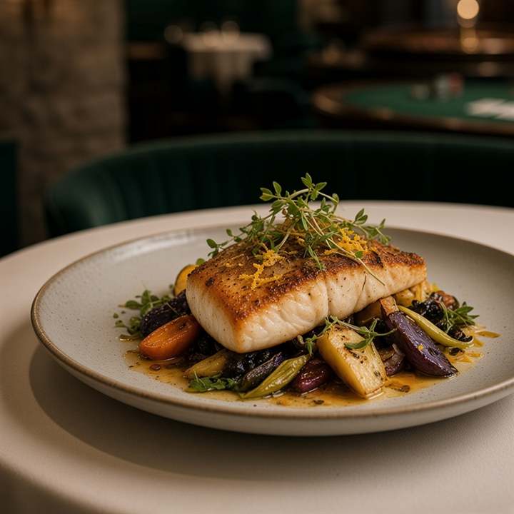 Filet de poisson rôti sur légumes glacés et zestes d'agrumes.