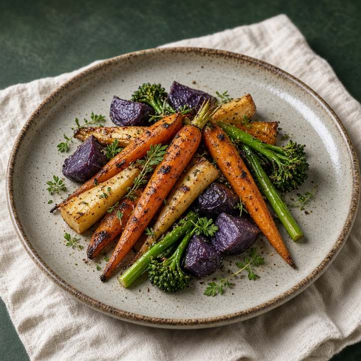 Assiette de carottes, panais, pommes de terre violettes et broccolini.