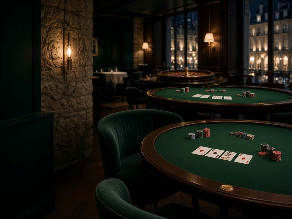 Table de cartes et jetons dans le salon de jeu.